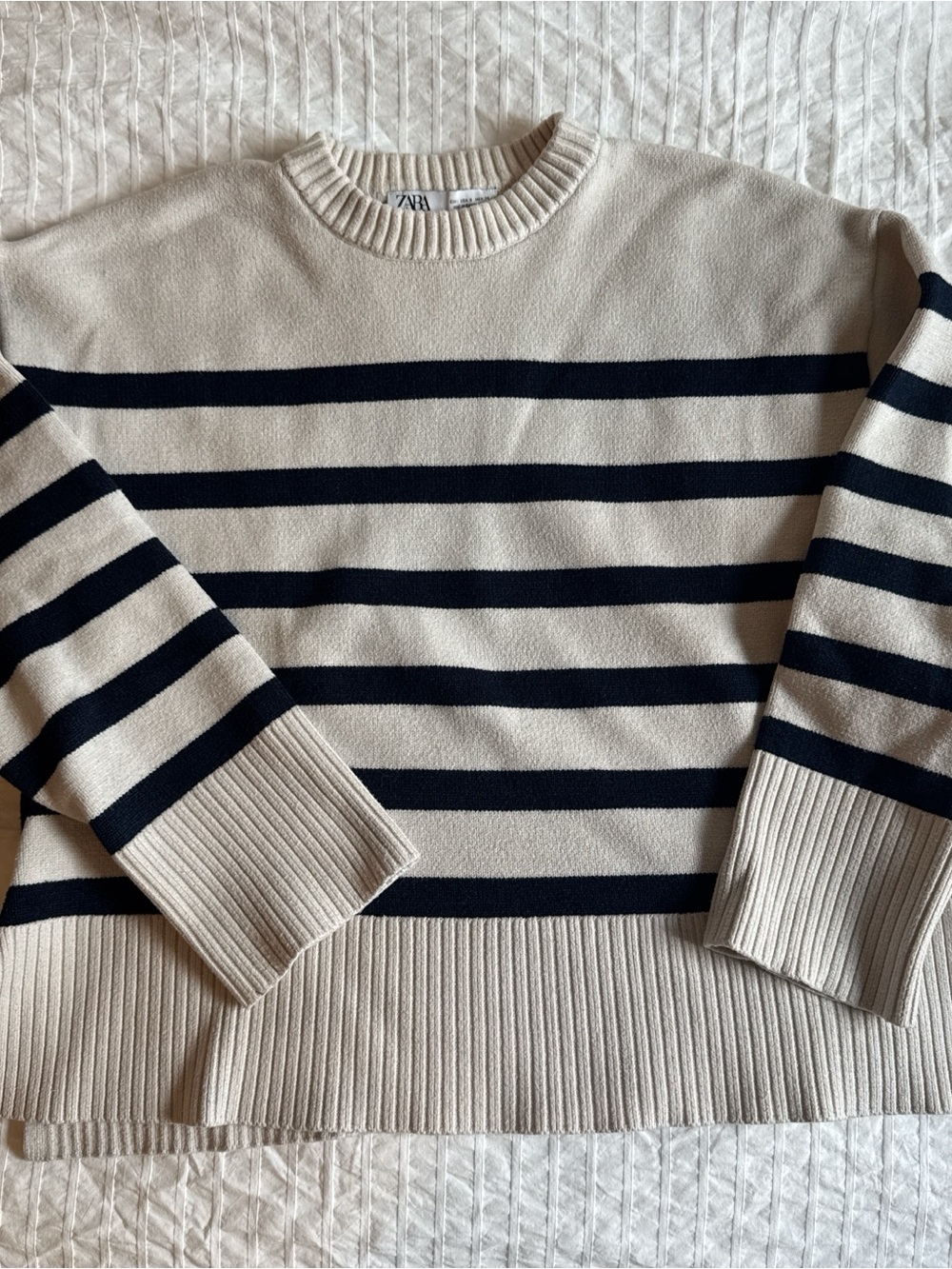 Zara Cream and Navy Striped Crewneck Sweater